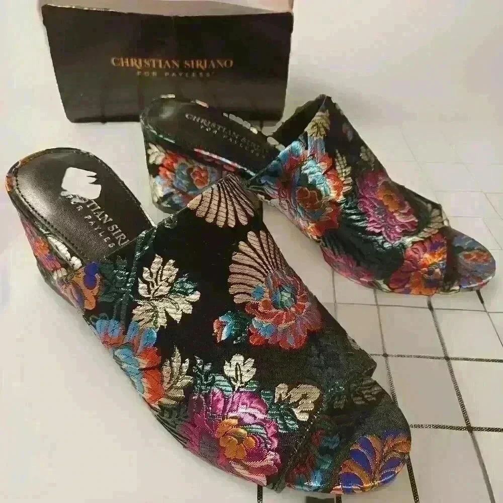 Christian‎ Siriano Sandals Satin Floral Slides Shoes Pumps Sz 7.5 Asian Boho - Picture 2 of 7